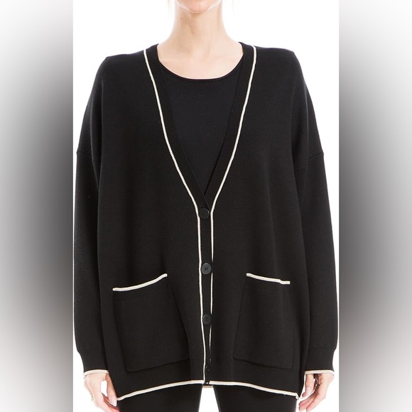 Max Studio Sweaters - Max Studio Black Cardigan White Trim oversized small button casual sweater